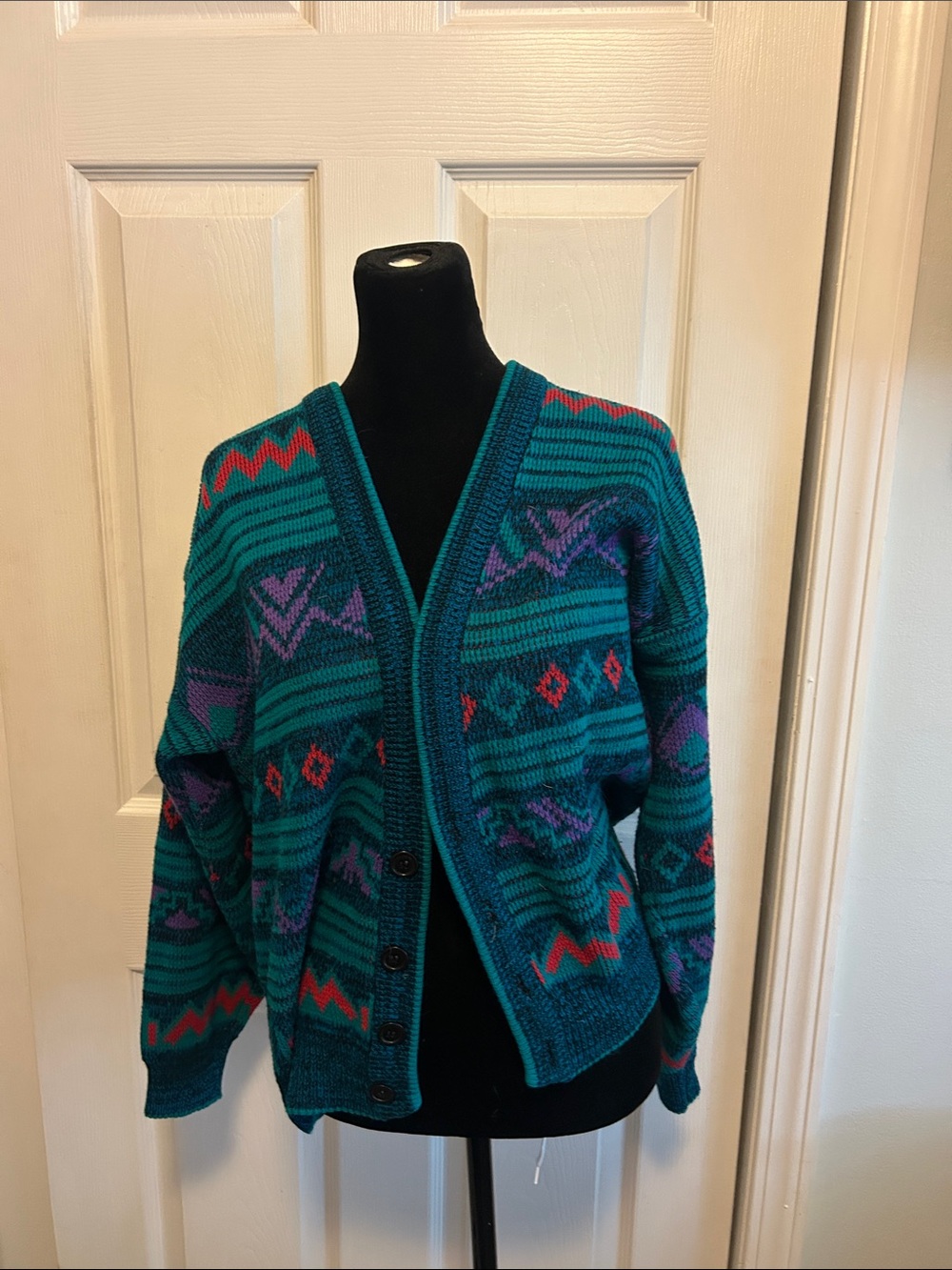 Atlantic Traders Vintage Teal Patterned Button-Front Cardigan Sweater